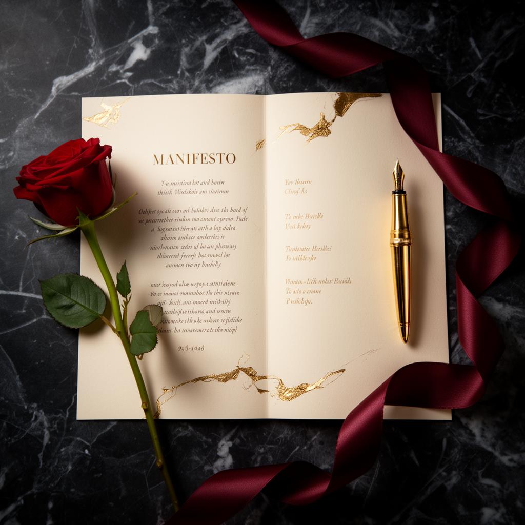 The Unmuted Woman's Manifesto — open booklet with rose and gold pen