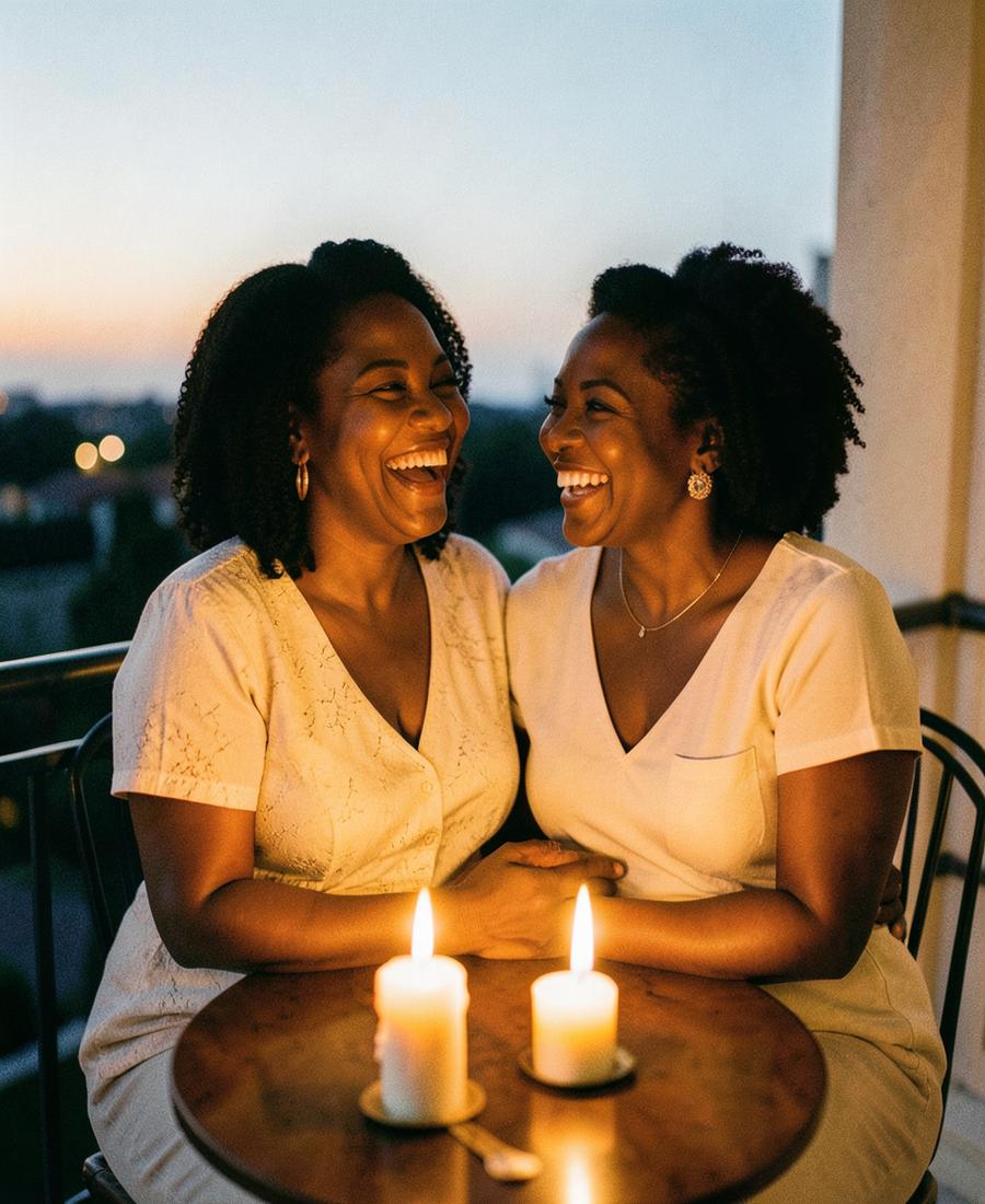 A happy couple laughing together on a balcony at dusk