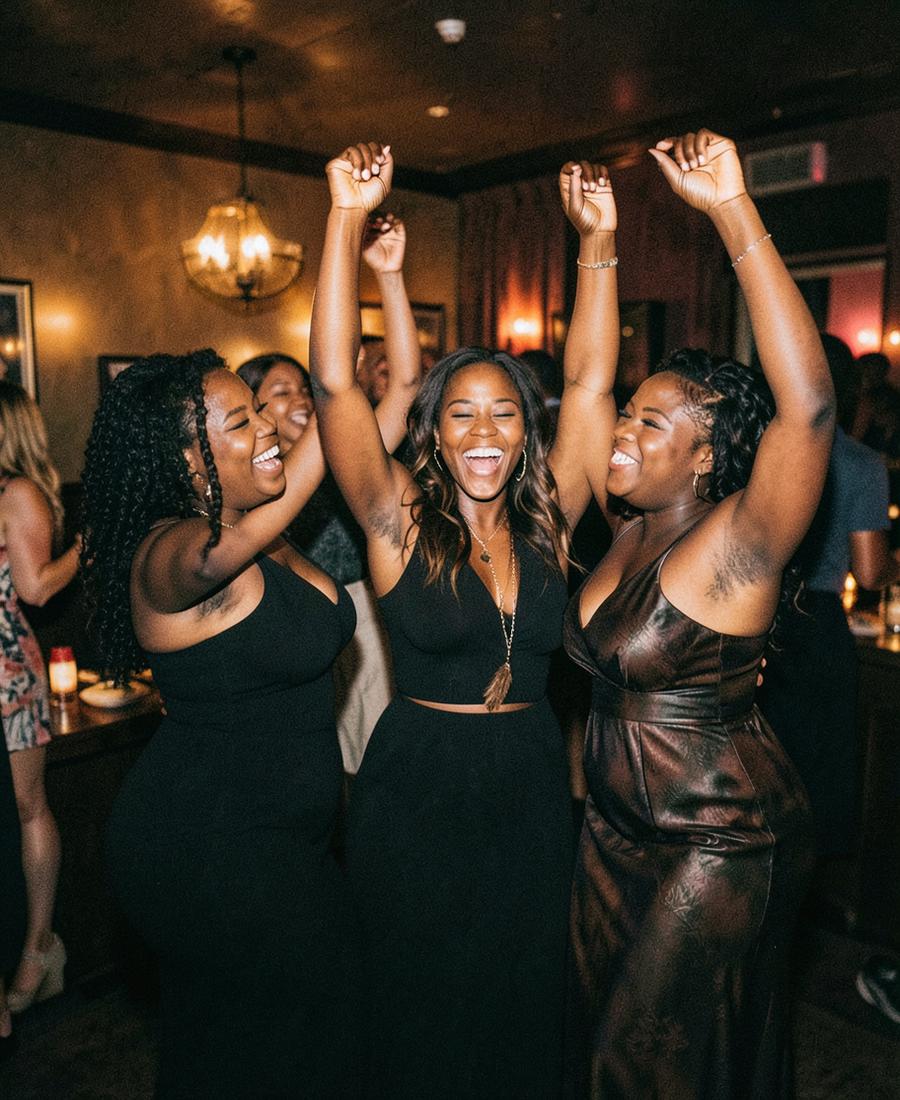 Women dancing together in a warm, dim lounge