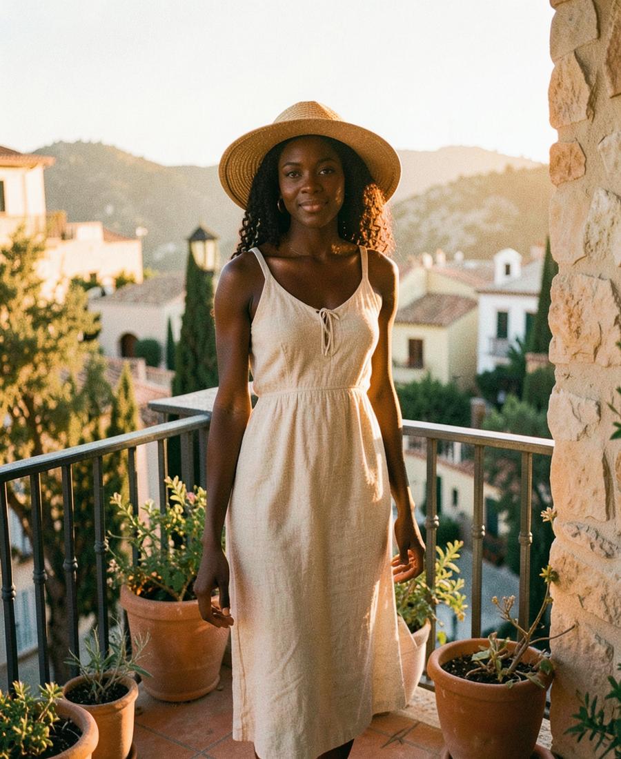 A woman traveling solo on a Mediterranean balcony at golden hour