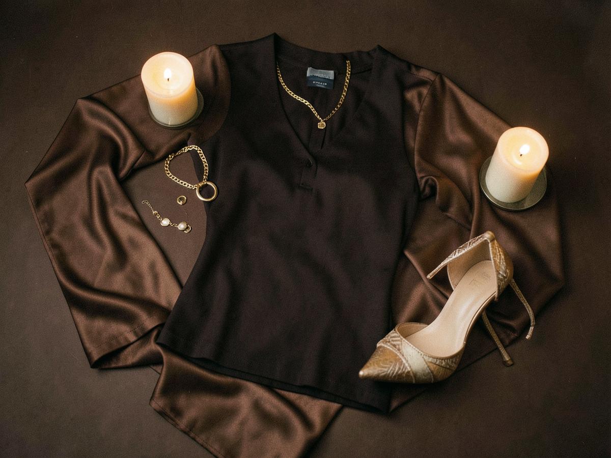Silk blouse, gold jewelry and heels styled by candlelight