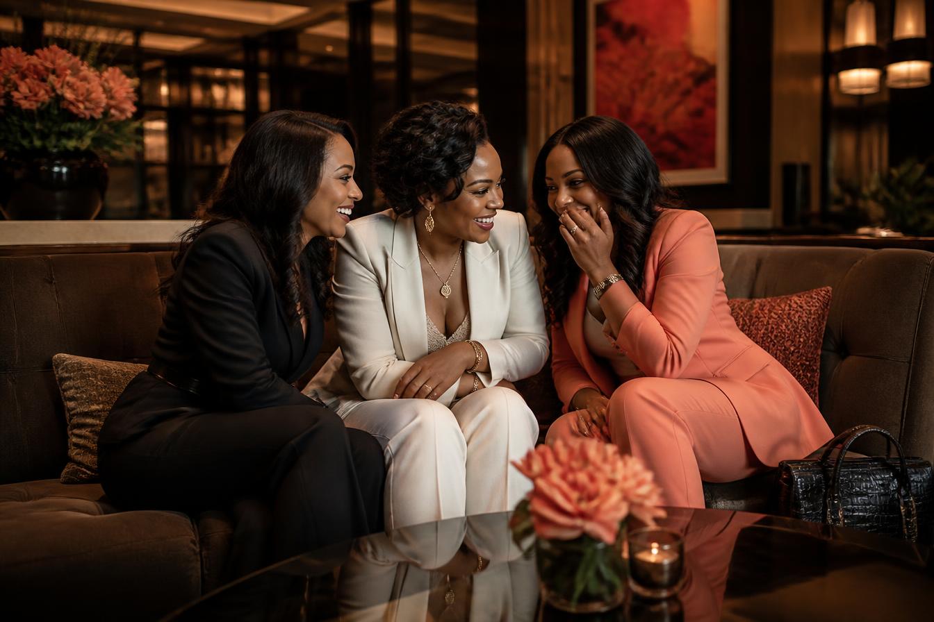 Women gathered at an upscale hotel lounge for a live presentation